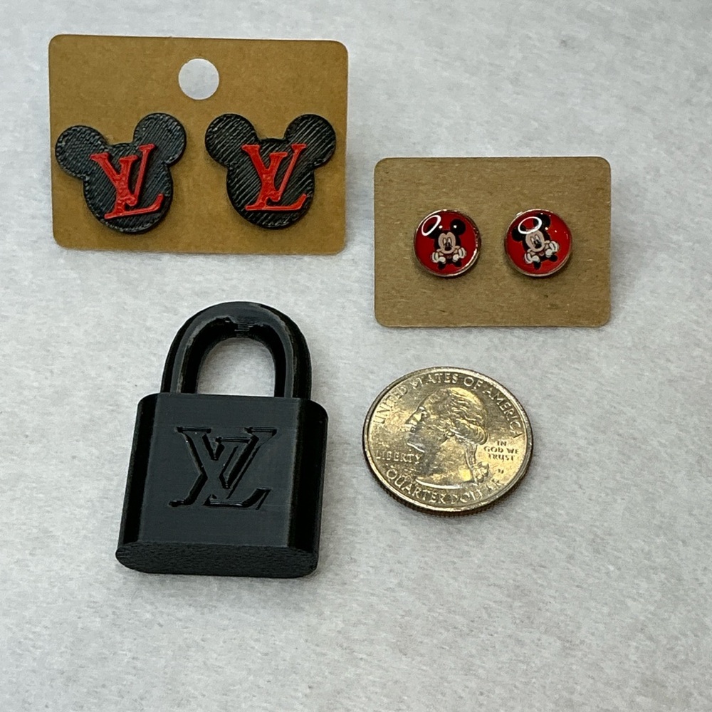 LV Black Plastic Padlock Mickey Mouse Earrings Set - Picture 3 of 4
